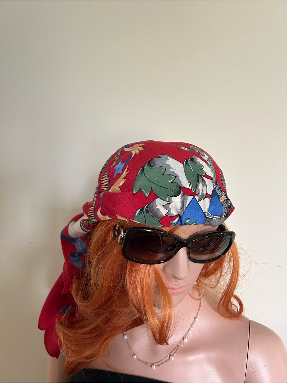 Echo Red Silk Scarf with Green Shield and Blue Ribbon Motif